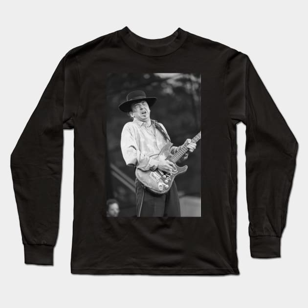 Stevie Ray Vaughan BW Photograph Long Sleeve T-Shirt by Concert Photos